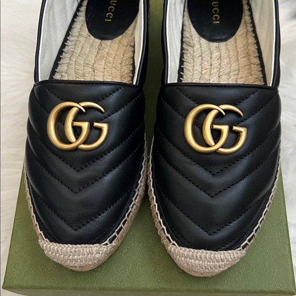 💯% Auth Gucci Women's GG Marmont Leather Espadrille Flat Black 37 - Picture 3 of 10